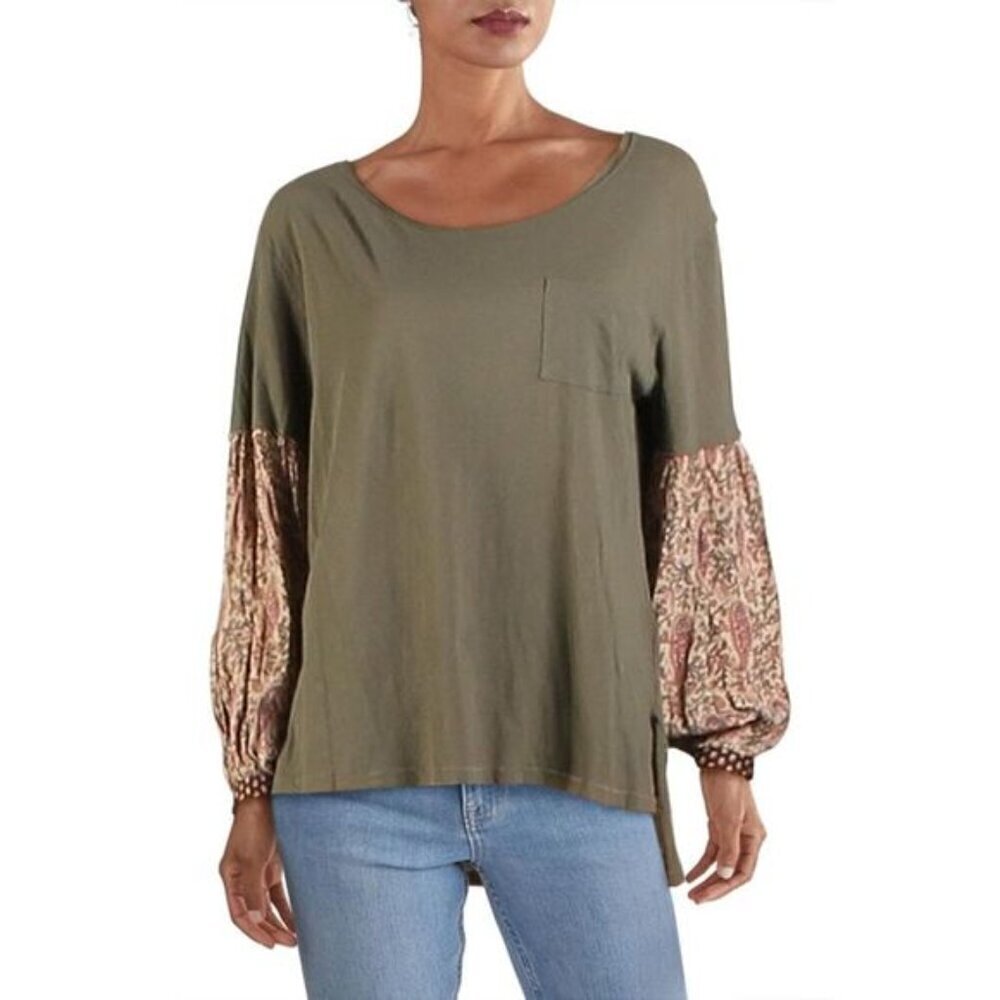Free People We the Free Jade Floral Printed Sleeves Slouchy T-Shirt in Green -XS - Picture 1 of 7